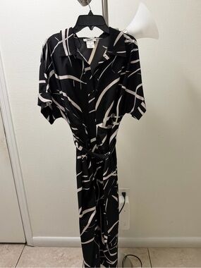 DKNY Black and Cream Abstract-Print Long Sleeve Shirt Dress